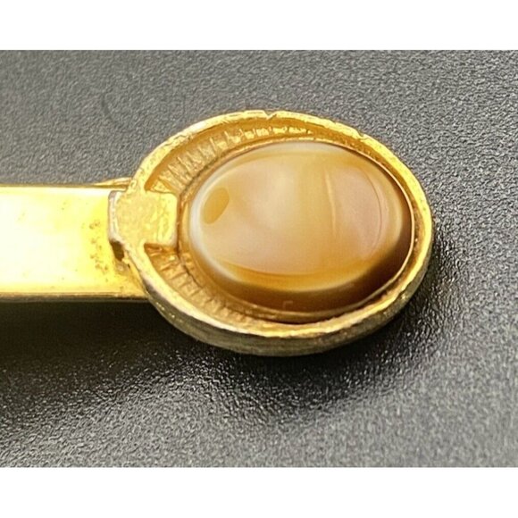 Vintage Tie Bar Clip 2-1/4" Butterscotch Glass Cabochon Gold Tone Minimalist - Picture 3 of 6